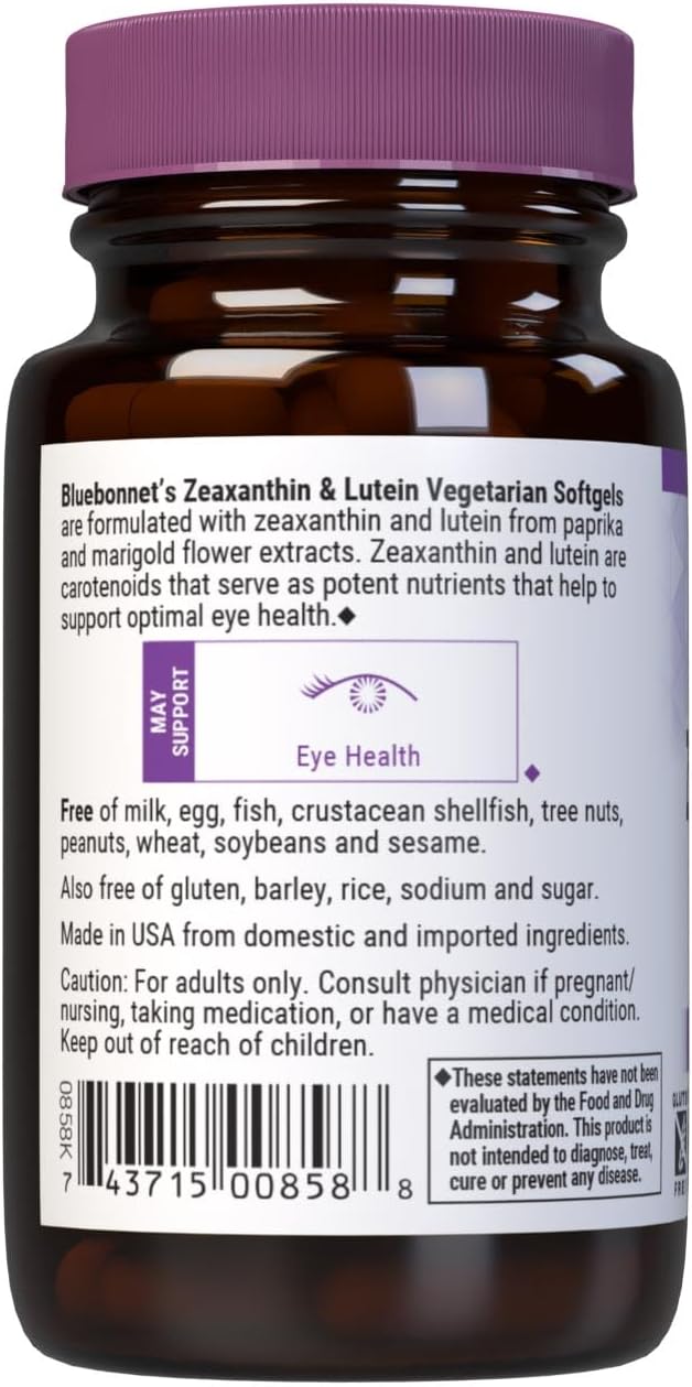 Bluebonnet Nutrition Zeaxanthin & Lutein, Eye Health*, Gluten-Free, Dairy-Free, 60 Vegetarian Softgels, 60 Servings | Eye Health; Vegetarian, Gluten-Free, Dairy-Free