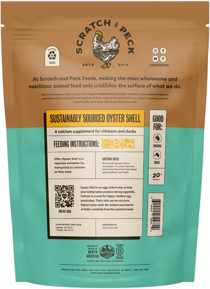 Scratch and Peck Feeds | Oyster Shell Chickens & Ducks | 4 lb Pouch | Essential Calcium Supplement for Eggshell Strength and Hen Health, All Natural, Sustainably Sourced