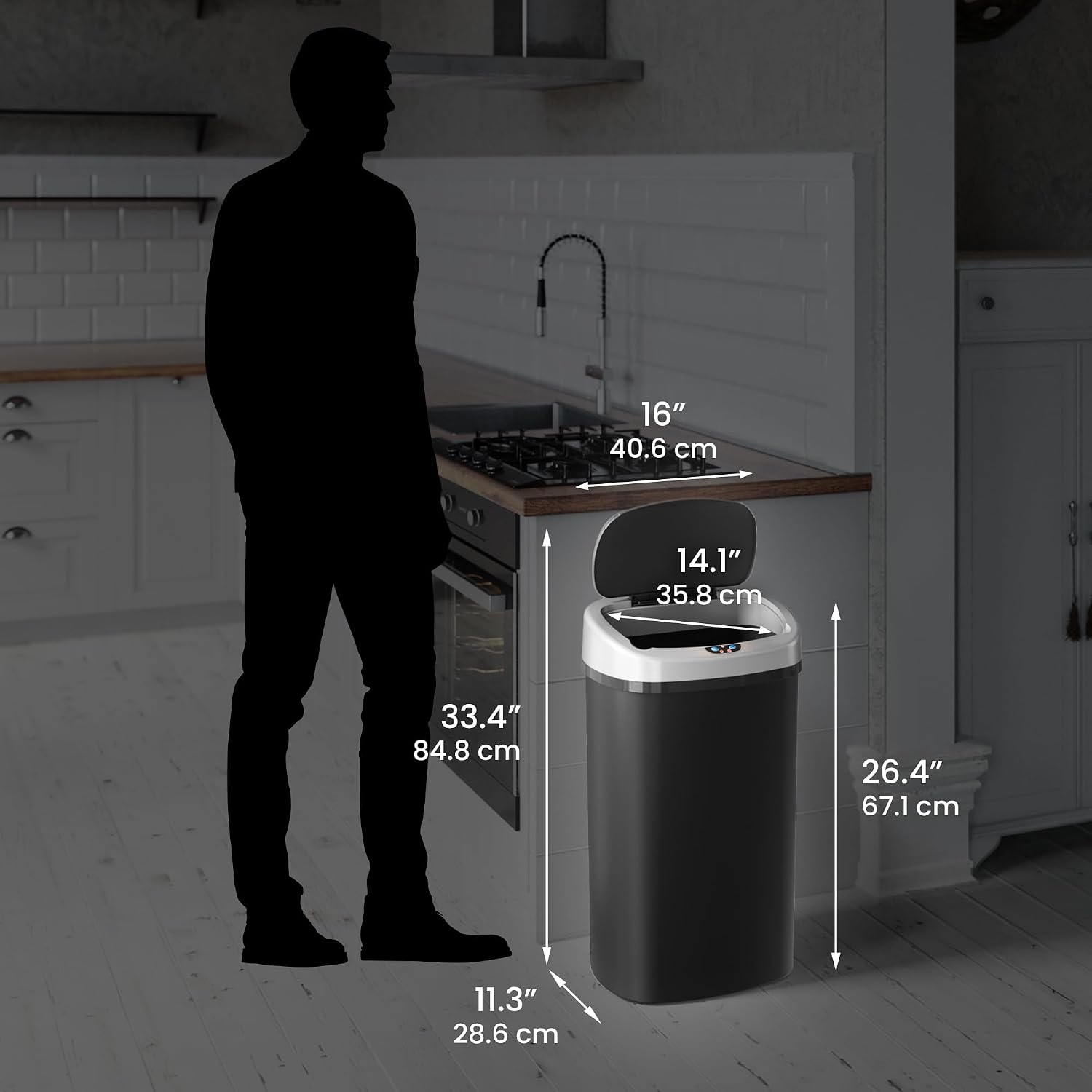 iTouchless 50 Liter / 13 Gallon Kitchen Trash Can with Lid & Deodorizer – Motion Sensor Semi-Round Stainless Steel Garbage Bin for Home, Office, or Garage – Slim, Wide Opening Large Capacity Design