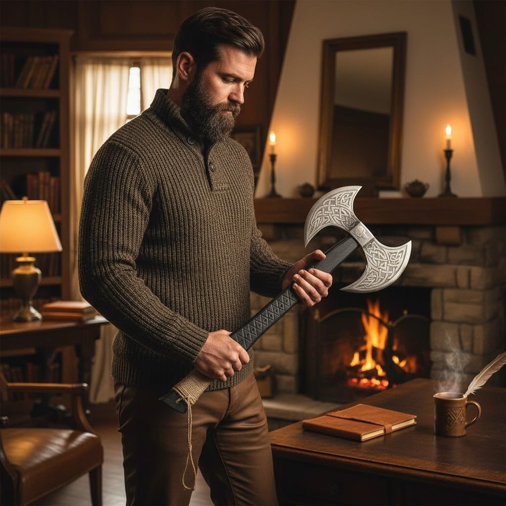 Poshland AX-7000 Custom Gift Forged Carbon Steel Viking Axe with Rose Wood Shaft, Viking Bearded Camping Axe