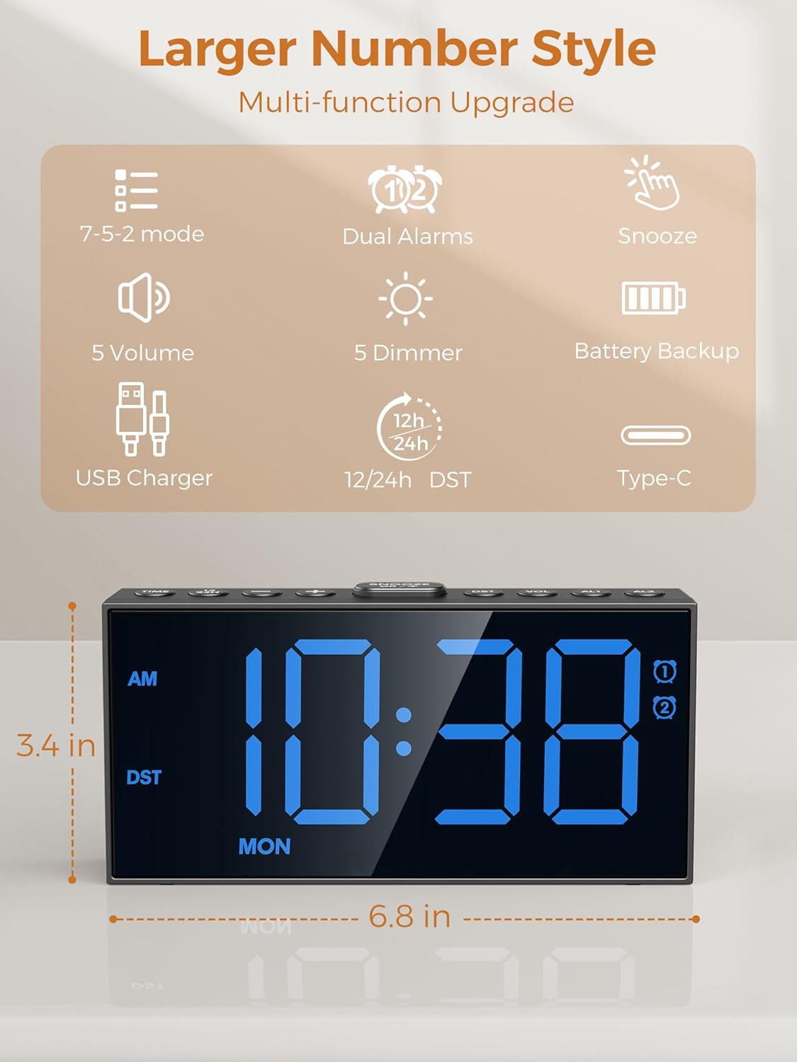 Digital Alarm Clocks for Bedrooms, Dual Alarms, 7.5-Inch Large Display