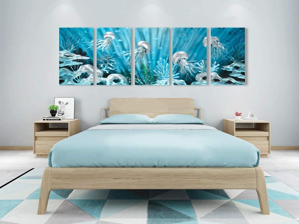 Yihui Arts Handcrafted 3D Metal Wall Art - Ocean Wave Sculpture, 5 - Panel Aluminum Decor for Living Room, Bedroom & Office