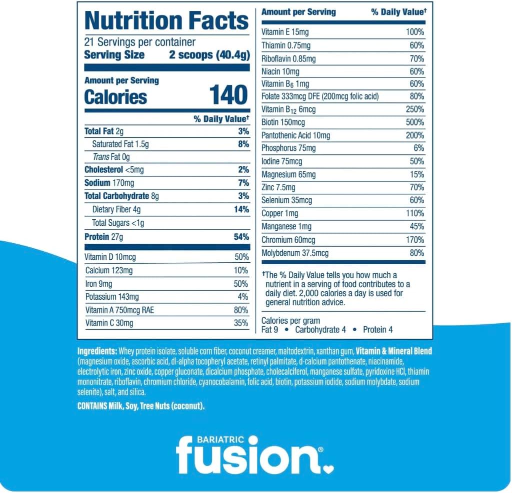Bariatric Fusion Cappucino Meal Replacement 27g Protein Powder, 21 Serving Tub for Bariatric Surgery Patients Including Gastric Bypass and Sleeve Gastrectomy - No Gluten, Aspartame or Sugar