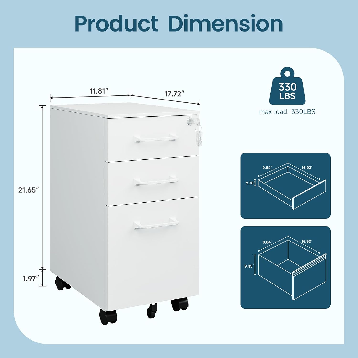 MIIIKO 3 Drawer File Cabinet with Lock, Metal Lateral Rolling Printer Stand Filing Cabinets for Home Office Storage,A4, Letter,File Folders(White)