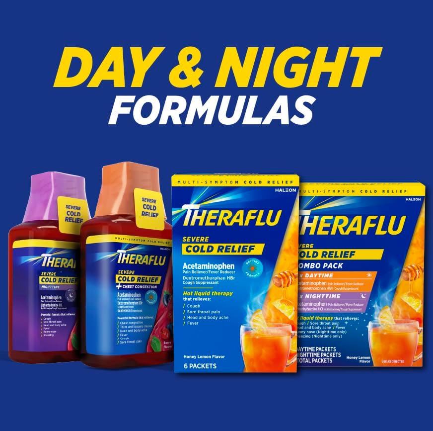 Theraflu Day and Night Pack, Severe Cold Relief, 18 Packets | Cold, Cough, and Flu Relief Powder for Use in Hot Liquids, Dual Formulas for Day and Night, Multiple Tea Flavors