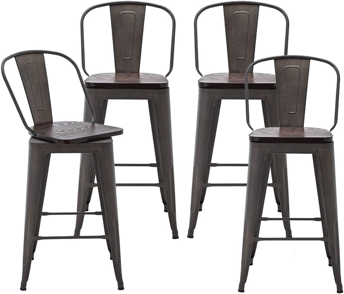 Alunaune 24" Swivel Metal Bar Stools Set of 4 High Back Counter Height Barstools Industrial Dining Bar Chairs with Large Wooden Seat-Matte Black