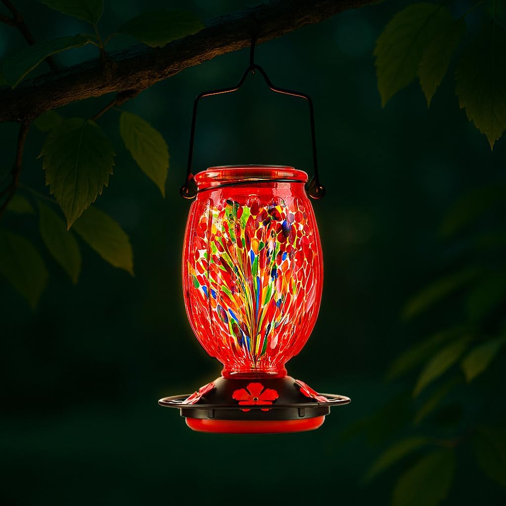 Solar Hummingbird Feeder for Outdoors Hanging Patio Designed 32 Ounces Colorful Hand Blown Glass Hummingbird Feeder 5 Feeding Ports with Perch Never
