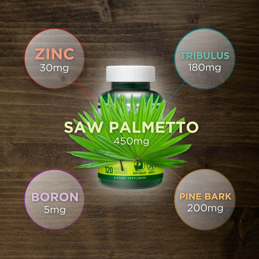 Prostate & Urinary Support for Men – 5-in-1 Saw Palmetto Complex with Zinc, Tribulus, Boron, Pine Bark – 120 Veggie Capsules