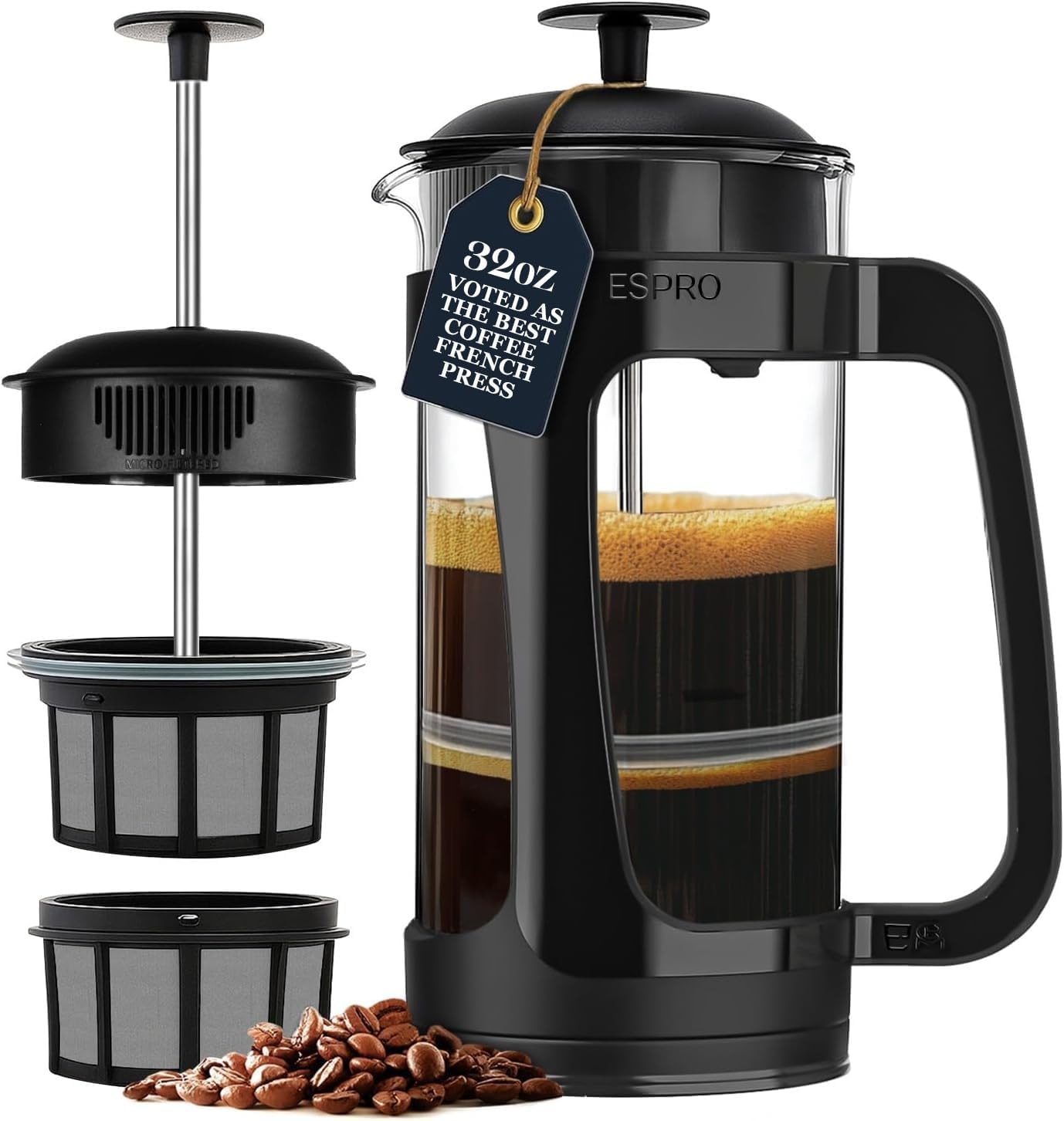 ESPRO P3 French Press Coffee Maker, 32oz, Black, Double Micro Filter Press | Grit-Free Coffee Press, Thicker Borosilicate Heat Resistant Glass french press, Tea Press, Easy Coffee Brewer, Tea Brewer