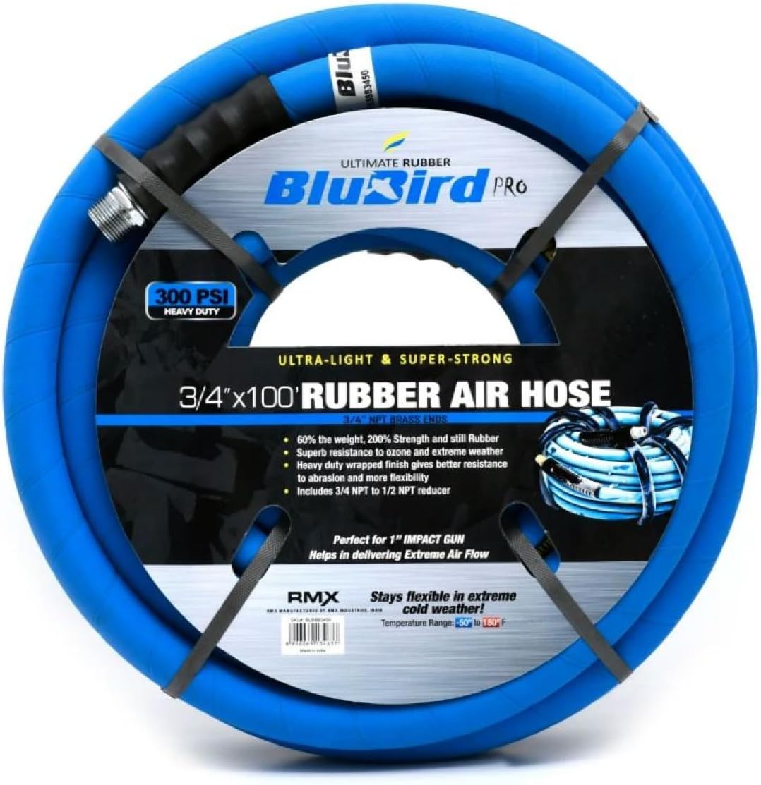 BLUBIRD BB3450 3/4" x 50' Rubber Air Hose, 100% Rubber, Lightest, Strongest, Most Flexible, 300 PSI, 50F to 190F Degrees, Ozone Resistant, High Strength Polyester Braided | Heavy Duty Reinforced Air Hose With 300 PSI Rating, Flexible Design, Kink Resista…