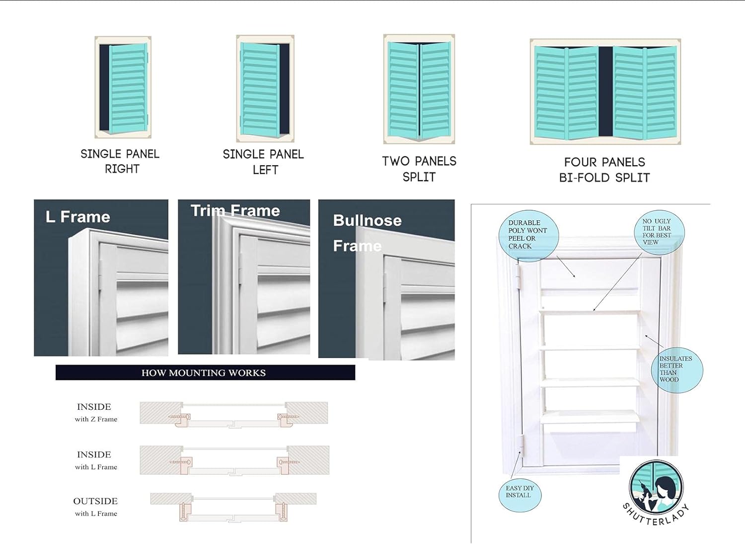 -Plantation Shutters –Custom Made Window Blinds – No Front Tilt Rod - Easy DIY Installation – Interior Plantation Shutters -Privacy Blinds for