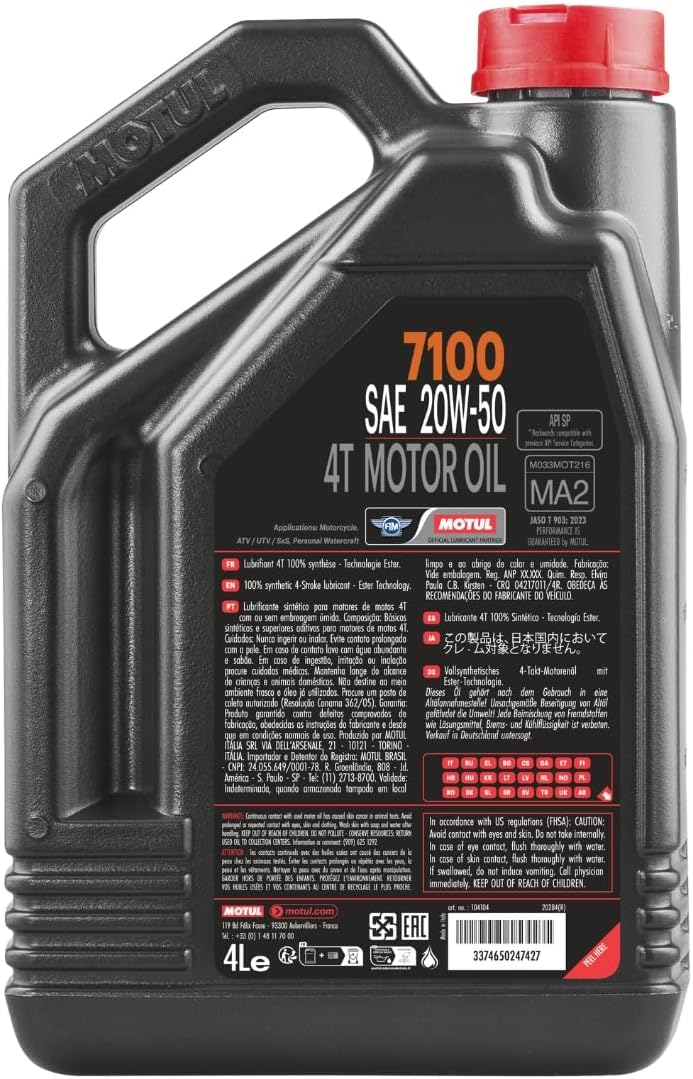 Motul 7100 4T 10W-30 Full Synthetic Motorcycle Oil - Ester Core Technology - API SP JASO MA2 Wet Clutch and DCT Safe - Engine Protection for Honda, Hero, TVS - 4 L