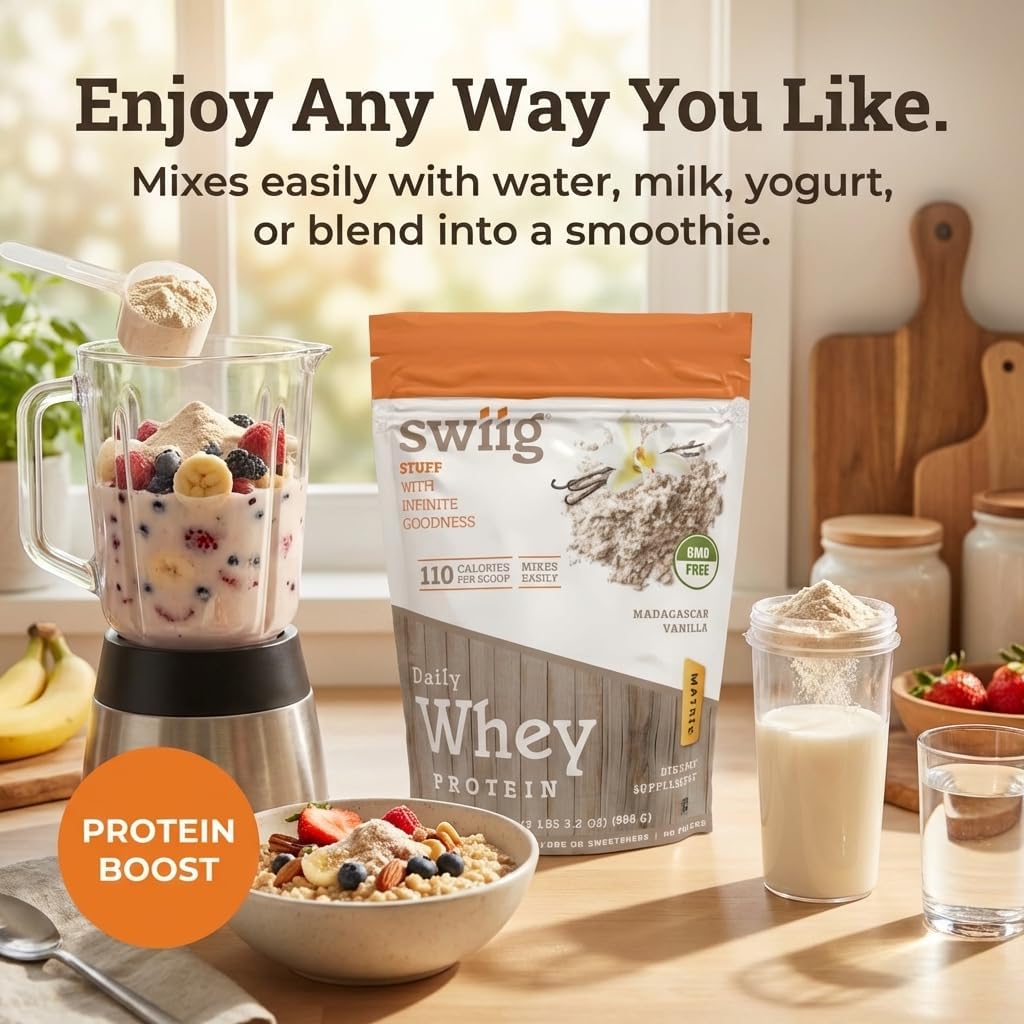 swiig Madagascar Vanilla Whey Protein Powder 20g Muscle Recovery 2.2 lb | Gluten-free, non-GMO daily nutrition supplement with digestive enzymes. Keto-friendly smoothie mix yields 35 servings.