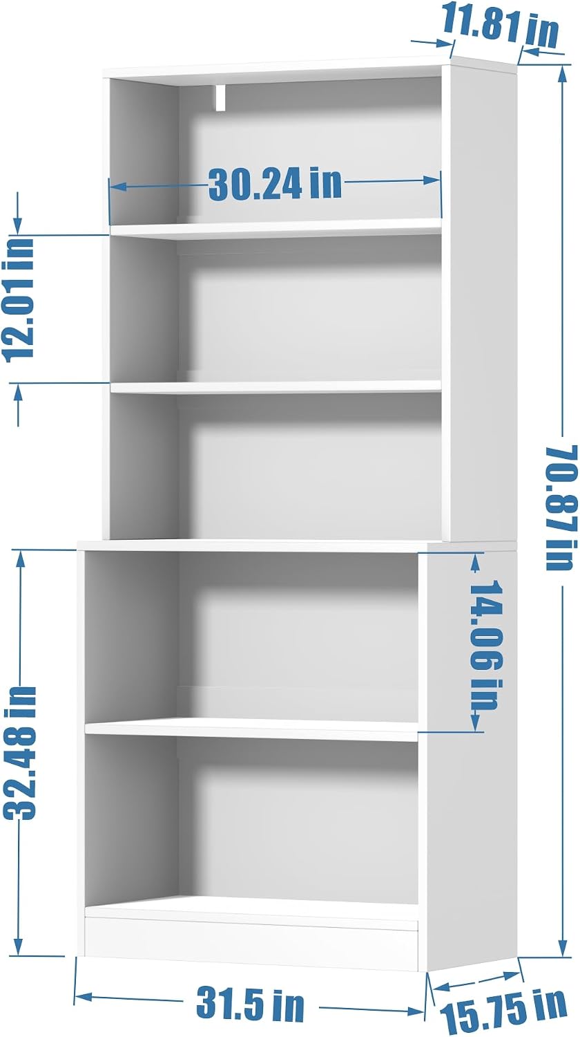 holzart 71" Tall Book Shelf, 5 Tier Large Bookshelf, Standing Wood Display Book Shelf for Living Room, Office, Library with Doors, 31.5" W x 70.87" H x 11.81" D, White