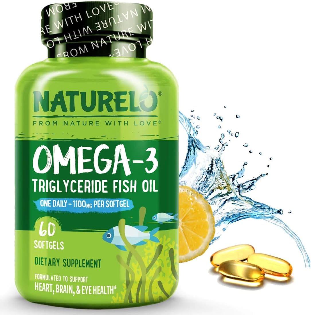NATURELO Burpless Omega 3 Fish Oil Supplement, 1100mg, 60 Softgels | Triglyceride omega-3, omega 3 DHA EPA, liquid fish oil, 2 months supply