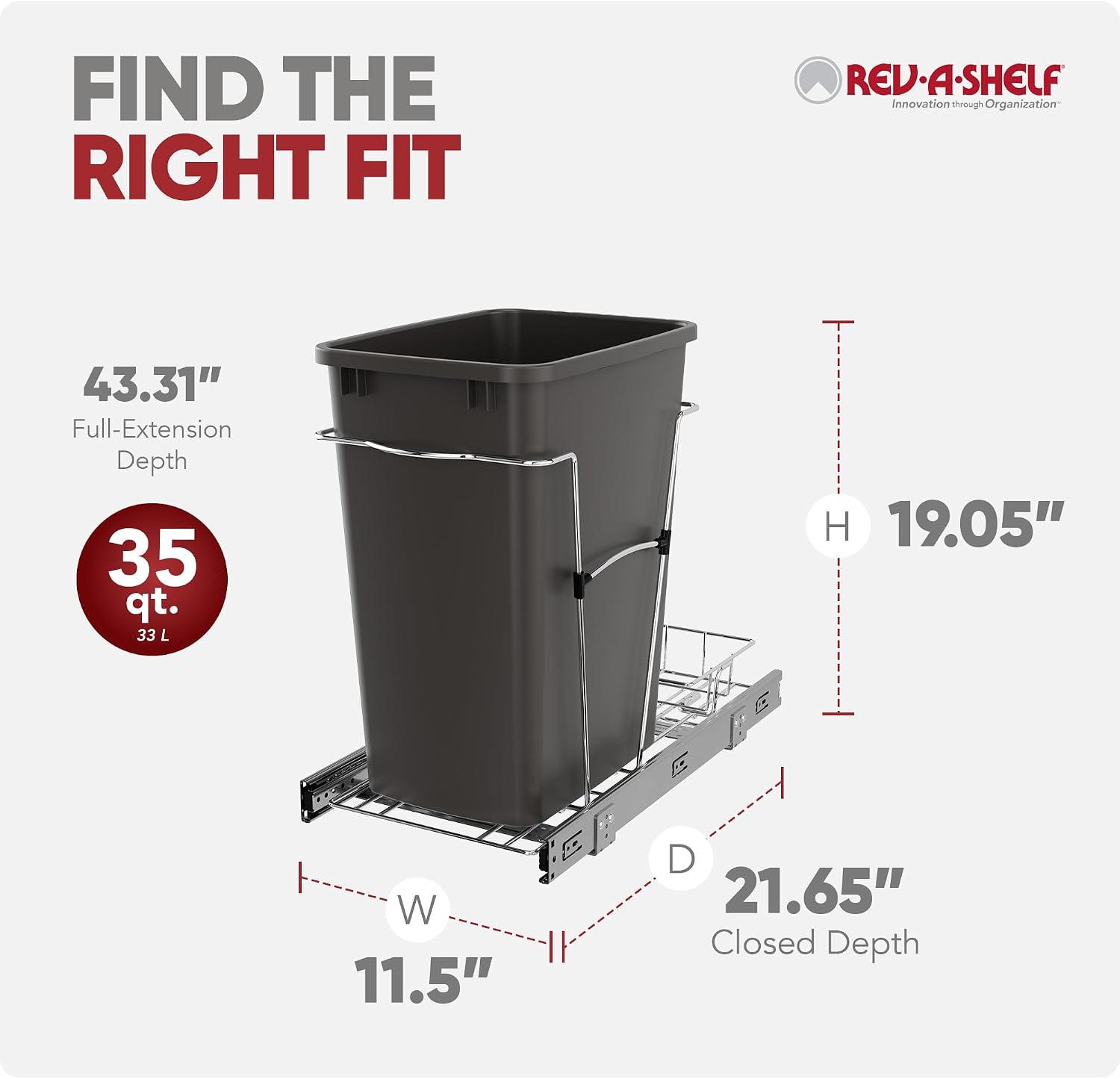 Rev-A-Shelf Pullout Trash Can for Kitchen Cabinets, Black Waste Bin, 35 Qt | Large Capacity Garbage/ Recycling Waste Container, Heavy Gauge Metal Wire Construction w/Full Extension Slides, RV-12KD-18C S