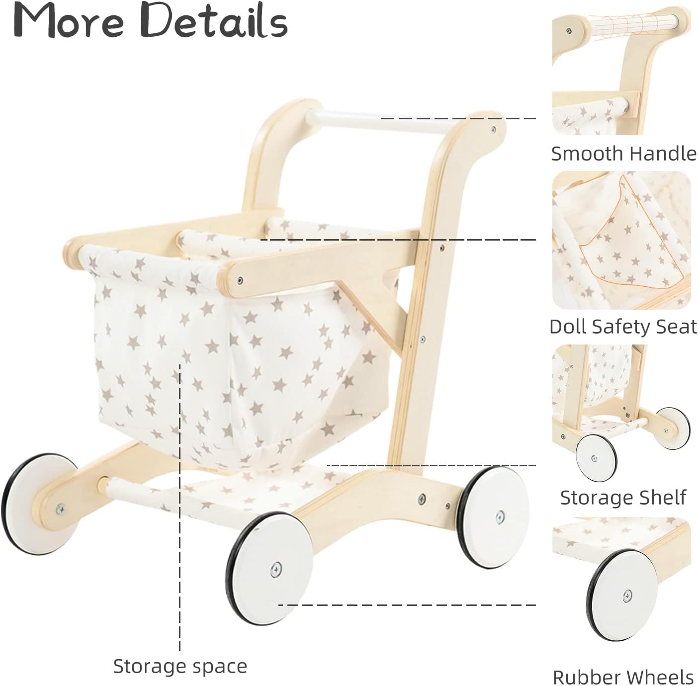 labebe Baby Push Walker, Wooden Shopping Cart with Doll Seat for Toddlers