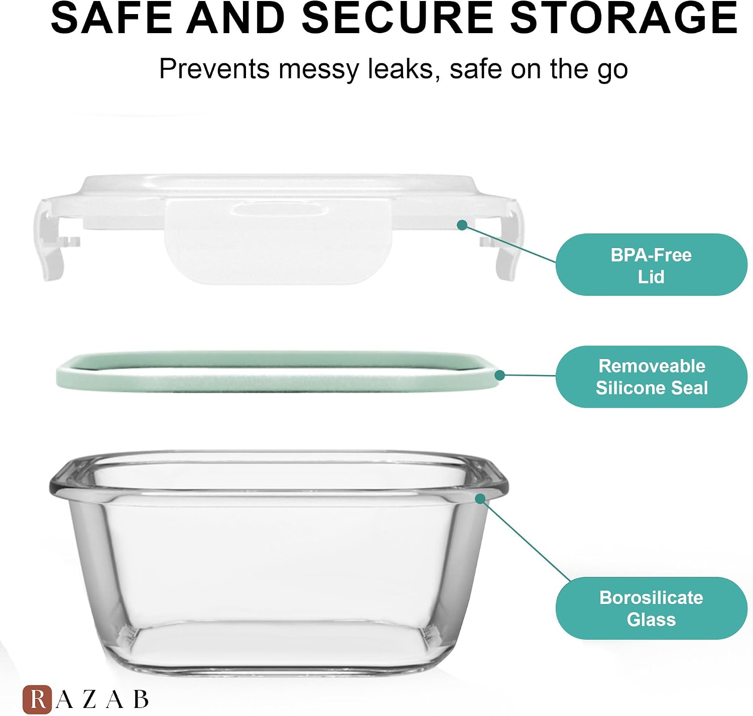Razab 6 PC Square Glass Food Storage Containers with Airtight lids (74