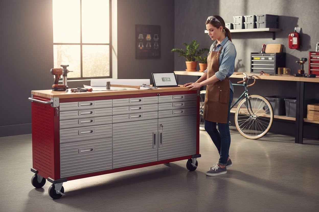 Heavy-Duty Rolling Workbench with Drawers and Cabinet, 77" W x 20" D x 37.5" H, (Red, 11 Drawer)