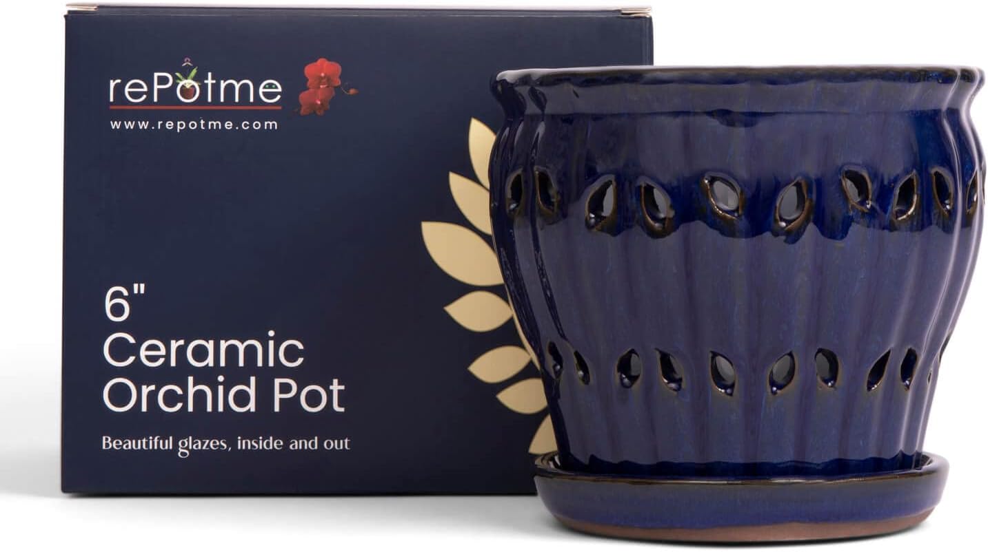 rePotme 6" Pinwheel Fluted Ceramic Plant Pot (Cream Over Lavender) - Includes Free 6 inch Slotted Pot Liner - Great for Orchids, Succulents