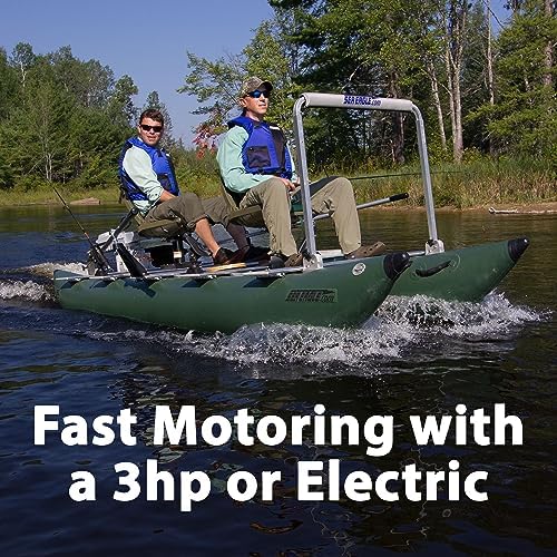Sea Eagle 375fc FoldCat 1-2-Persons Inflatable Fishing Pontoon Boat, Lightweight & Portable, w/2 Green Swivel Seats, Pedestal, Oar Set, Scotty Rod Holders, Boat Bag, & Pump