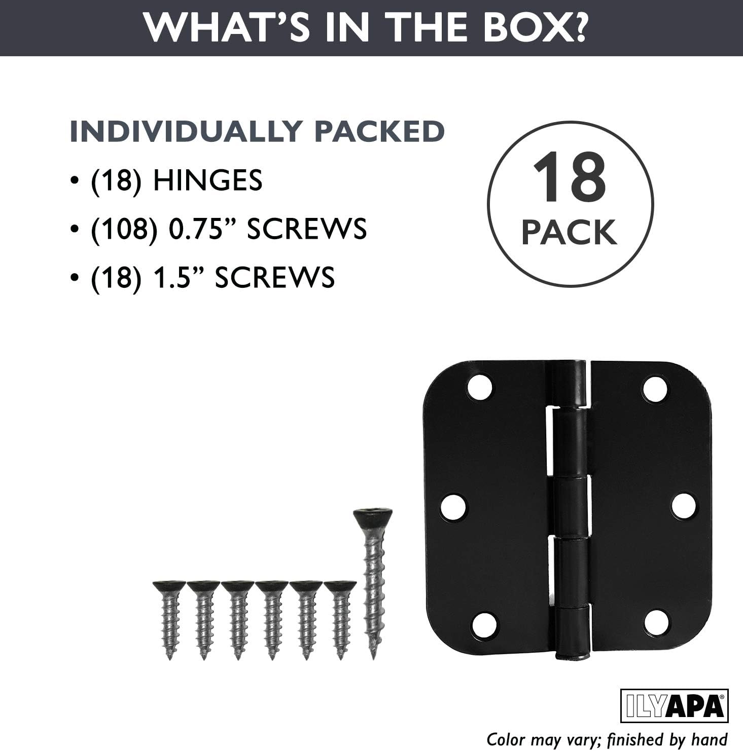 Ilyapa Door Hinges, 3.5x3.5 Inch - Satin Nickel, 18 Pack, Includes Mounting | 5/8 Inch Radius Corners, For Standard Interior Doors, Satin Nickel Finish, Screws