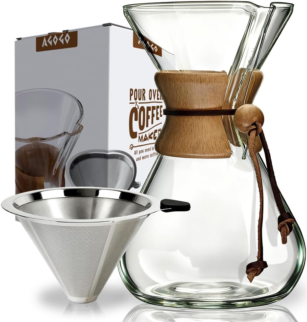 AGOGO Pour Over Coffee Maker Set, 34oz Classic Style, 304 Stainless Filter | Barista kit for home kitchen, Cafe, Camping & Office; 20oz-40oz Classic, Slim, Diamond styles; Includes brush & towel.