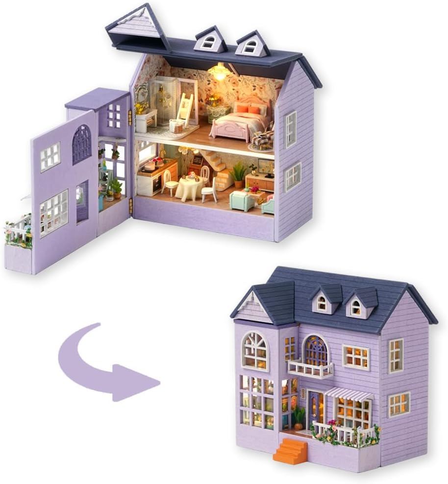DIY Miniature Dollhouse Kit with Furniture Plus Dust Proof | 1:24 Scale Creative Room Mini Wooden Doll House Accessories for Kids Teens Adults Aged 14+(Beach Cottage)