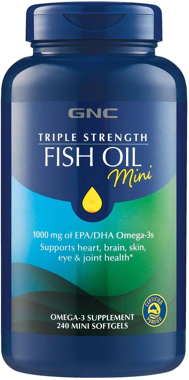 GNC Triple Strength Fish Oil Mini, 1000mg EPA & DHA, 120 Mini Softgels | Provides 1000mg EPA and DHA per Serving to Support Heart, Brain, Skin, Eye, Joint Health, and a Balanced Mood