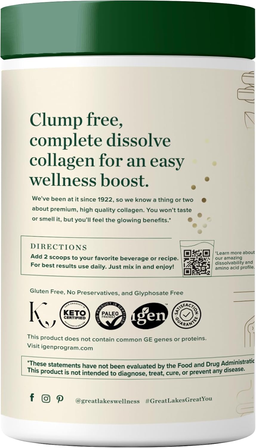 Great Lakes Wellness Collagen Peptides Powder – Supports Skin, Hair, Nails, Joints & Digestion – Hydrolyzed, Non-GMO, Keto & Kosher – Pure Collagen Protein (16 oz, 22 Servings) Packaging may vary