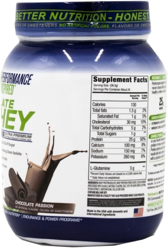 PERFORMANCE INSPIRED Isolate Whey Protein Powder – Vanilla – 25G – 2lb | All Natural - Fast Absorbing - Added L-Glutamine - Contains BCAAs
