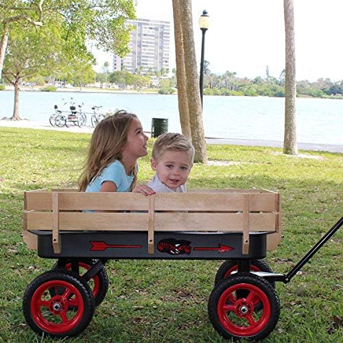 Flexible Flyer All-Terrain Wagon for Kids with Steel Bed & Wood Sides, Extra-Long Pull Handle for Adults, Heavy Duty Toy, Garden & Beach Baby Wagon