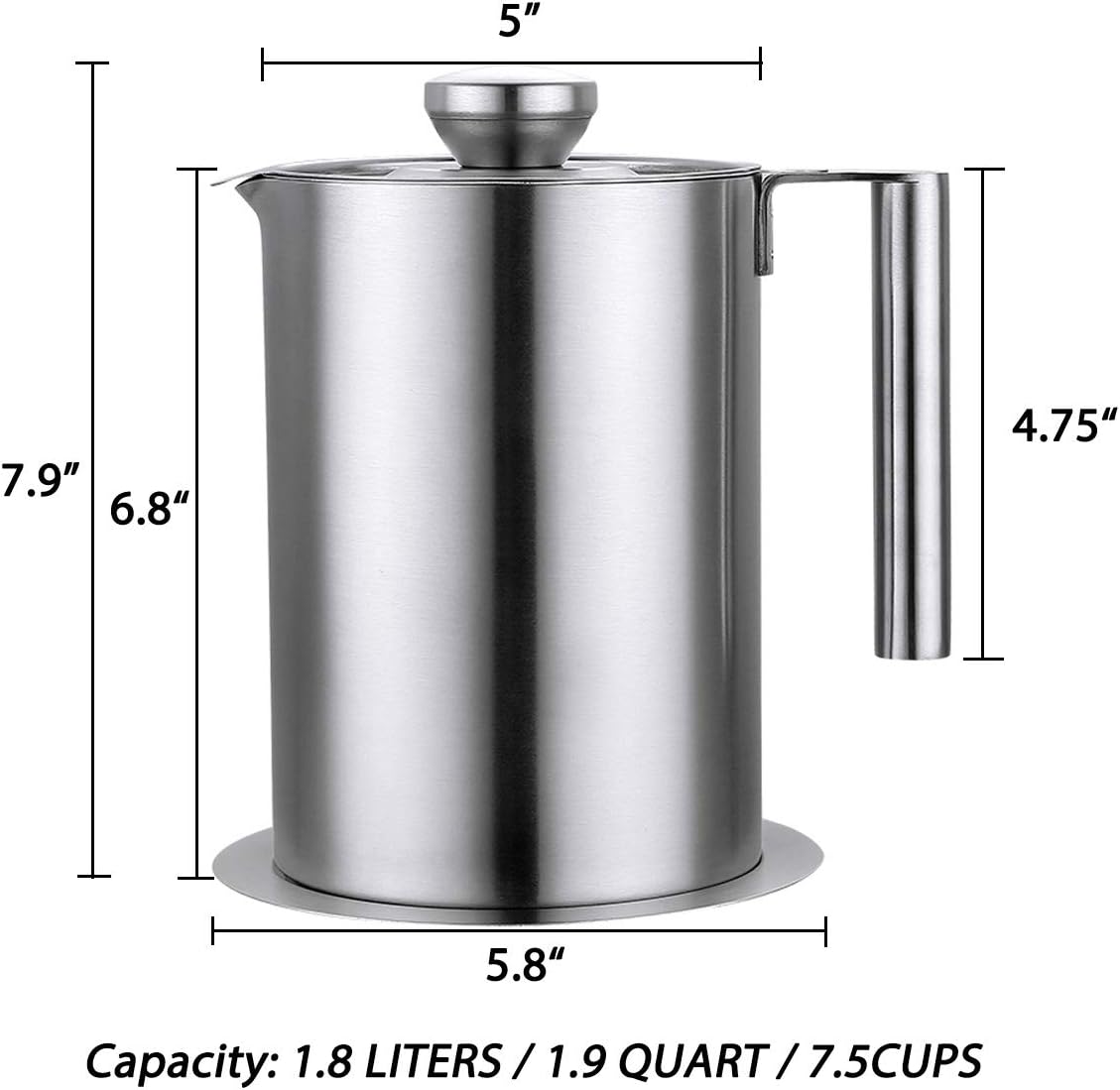 Sumerflos 1.8 L/1.9 Quart Stainless Steel Grease Strainer and Container - Large Oil Storage Pot Grease Keeper with Dust-Proof Lid & Easy Grip Handle