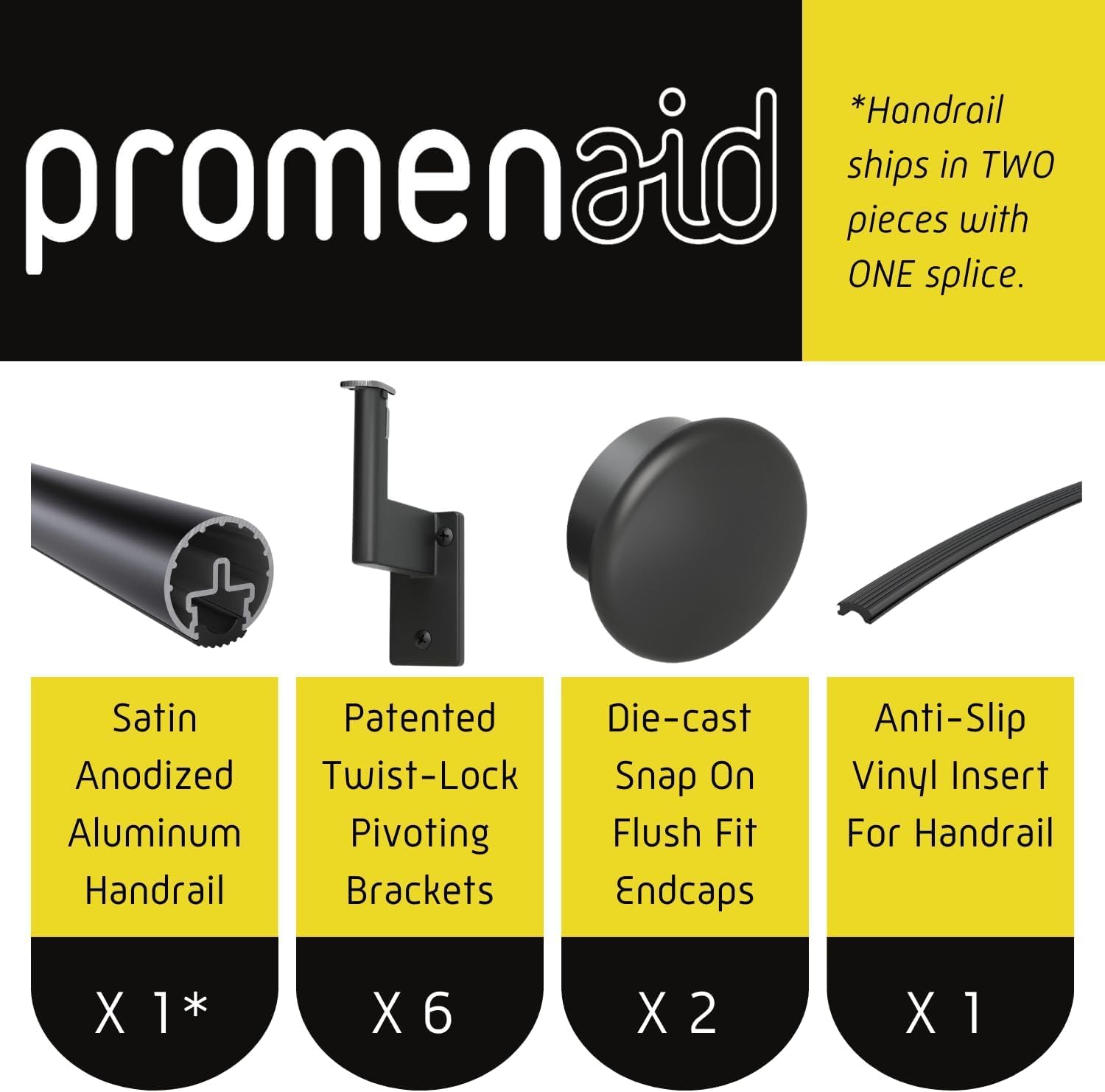 Promenaid Silver 3ft Flush Handrail Kit - Complete Indoor/Outdoor Stair Handrail - Modern 1.6" Round Satin-Anodized Aluminum Railing with 2 Silver