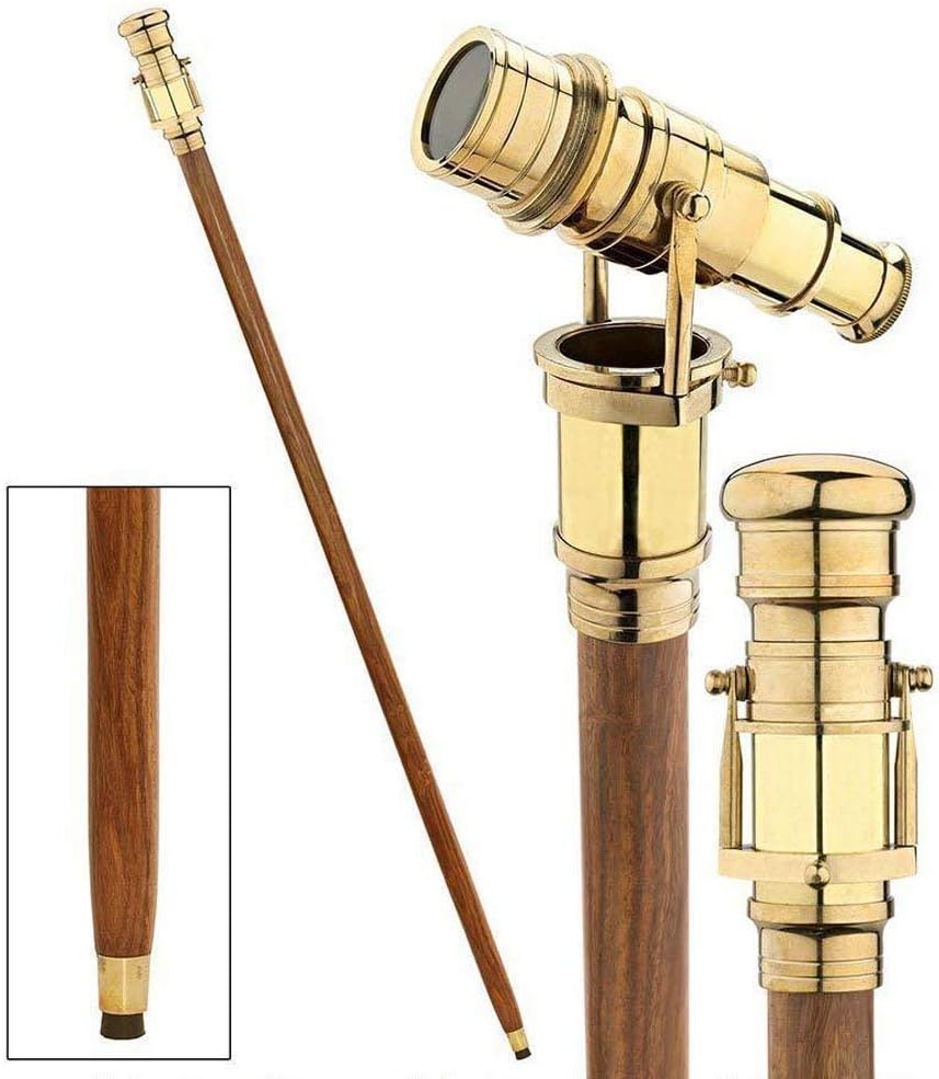 Victorian Walking Cane with Telescope Brass Handle Foldable Nautical Wooden Walking Stick Ideal Unisex