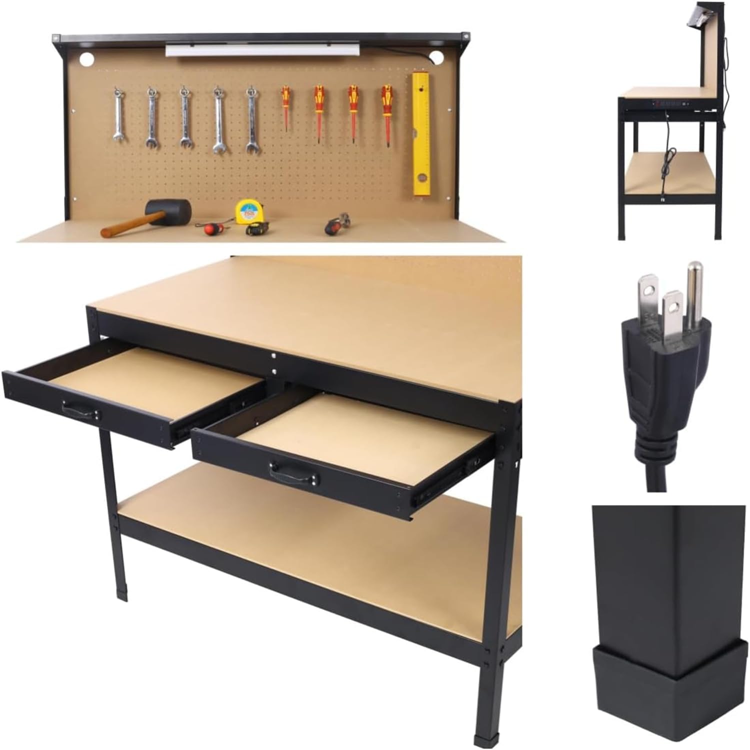 Heavy-Duty Steel Workbench with LED Light, 59'' Tool Storage Bench with Power Outlets & USB Ports, 200 lbs Capacity