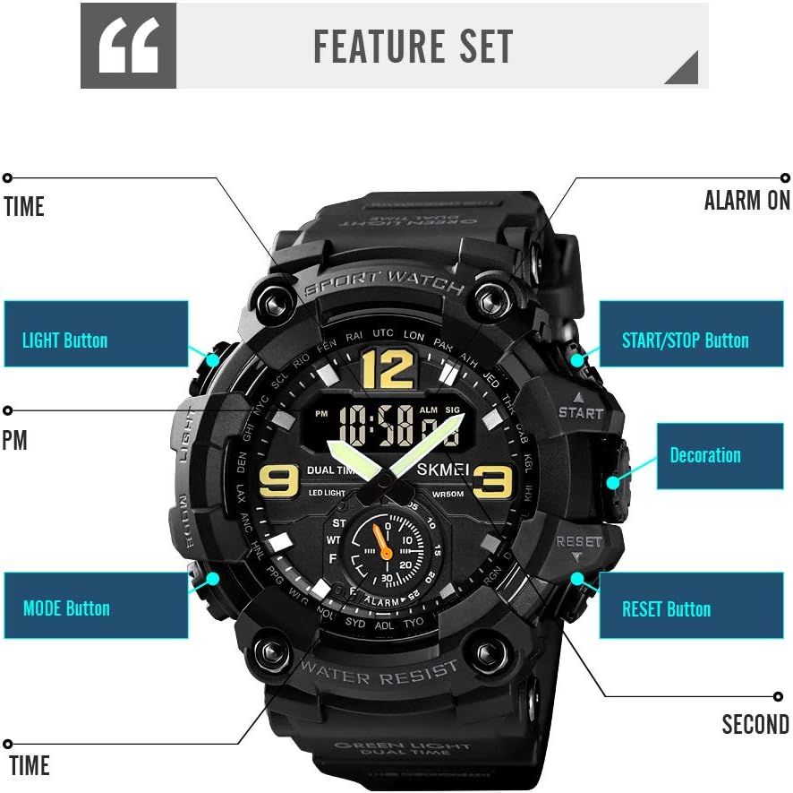 FANMIS Men's Analog Digital Sport Watch Military Dual Display 50M LED Watch | Men's Dual Display Sports Watches With Led Backlight Alarm Stopwatch 12/24h Time Outdoor Running Swimming