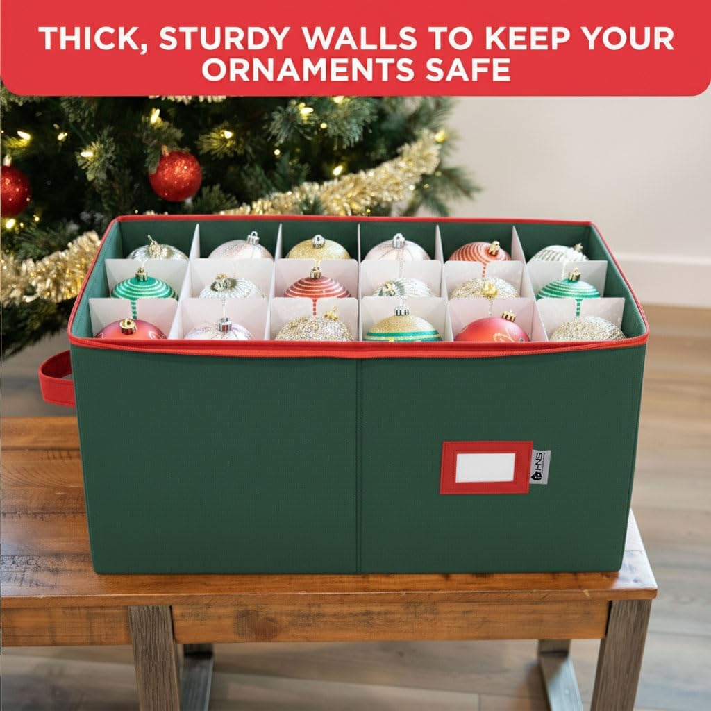 Christmas Ornament Storage Container with Dividers - Box Stores Up to 54 Ornaments, Zippered, Convenient, Adjustable