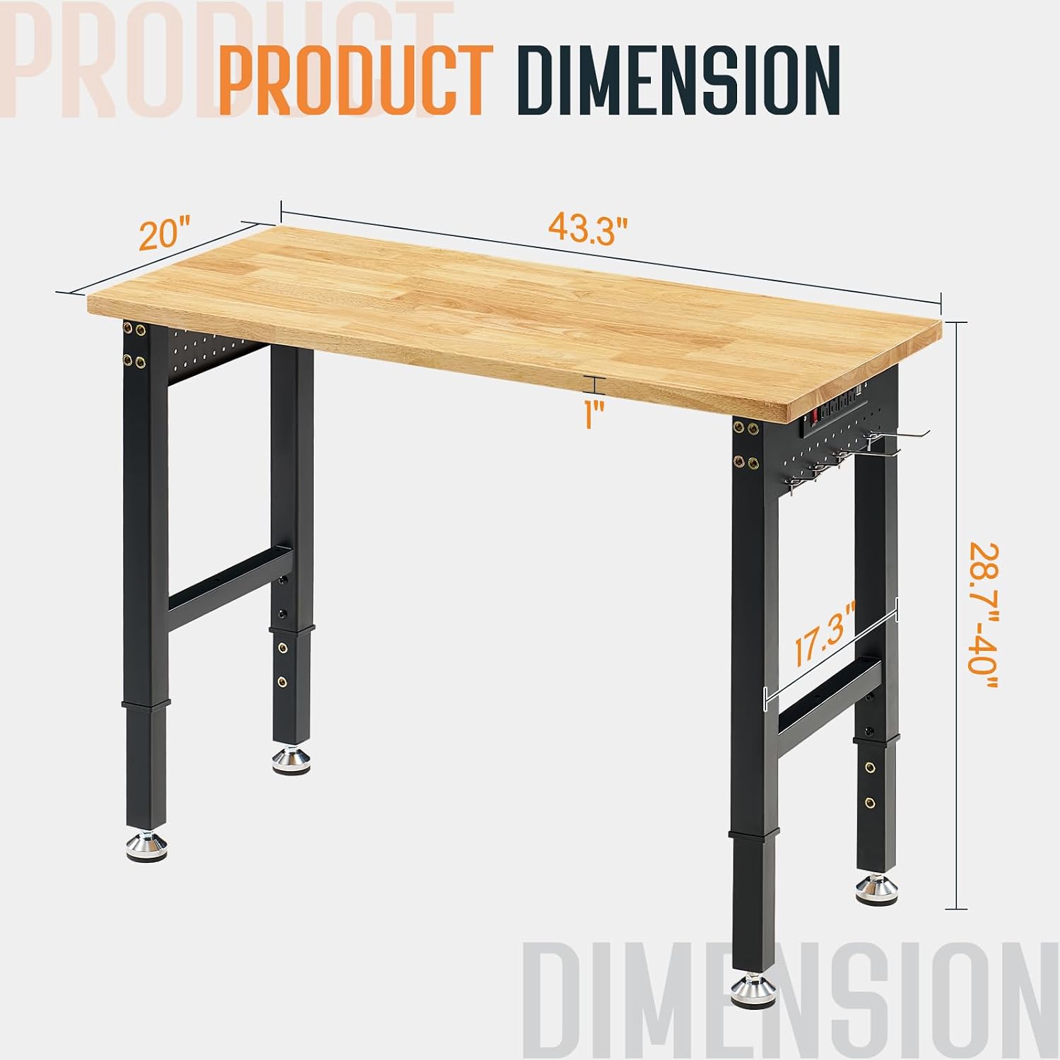 SPECRAFT Adjustable Black Heavy-Duty Workbench | 2000 Lbs Capacity, Rubber Wood Top, 4 AC Outlets and 2 USB Ports, for Garage, Workshop and Office