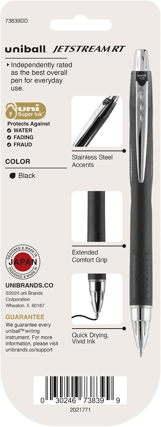 uni-ball Jetstream RT Ballpoint Pens, Bold Point (1.0mm), Black, 3 Count | Retractable, Smooth Writing, Quick-Drying, Smear-Resistant