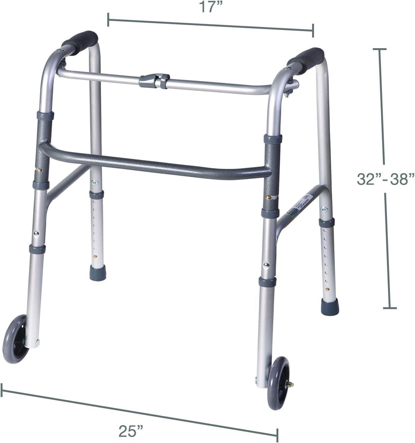 DMI Lightweight Aluminum Folding Walker with Single Release, 5 Inch Wheels, Adjustable Height, No Assembly Needed, Silver, 250 lb Weight Capacity