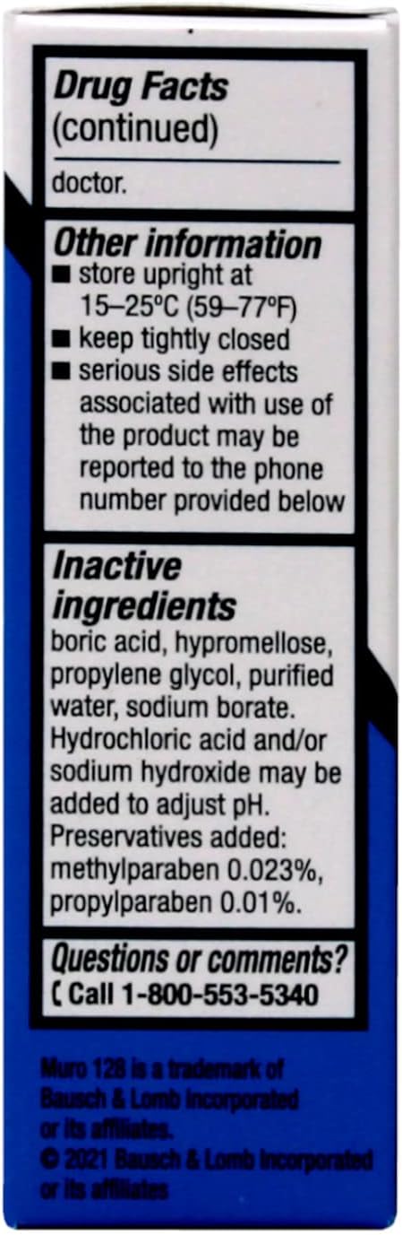Muro 128 5% Sodium Chloride Hypertonicity Ophthalmic Solution, from Bausch + Lomb, 0.5 Fl Oz for Temporay Relief of Corneal Edema (1 Box Only)