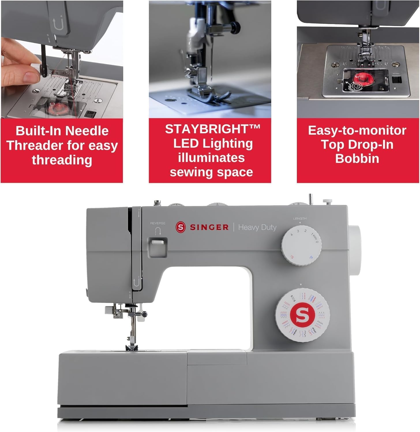 SINGER® Heavy Duty 4452 (Grey) High Speed Sewing Machine + Accessories | 32 Built-In Stitches Deliver 110 Stitch Applications | 50% More Power for Thick Fabrics, 1100 Stitches/Min, 1-Step Buttonhole | Accessories, 32 Built-In Stitches Deliver 110 Stitch…