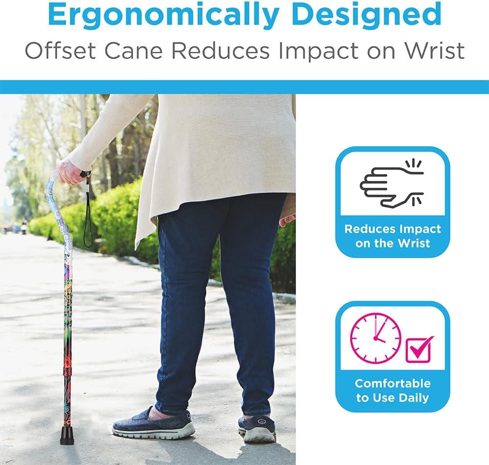 NOVA Designer Walking Cane with Offset Handle, Lightweight Adjustable Walking Stick with Carrying Strap, “Maui Flowers” Design