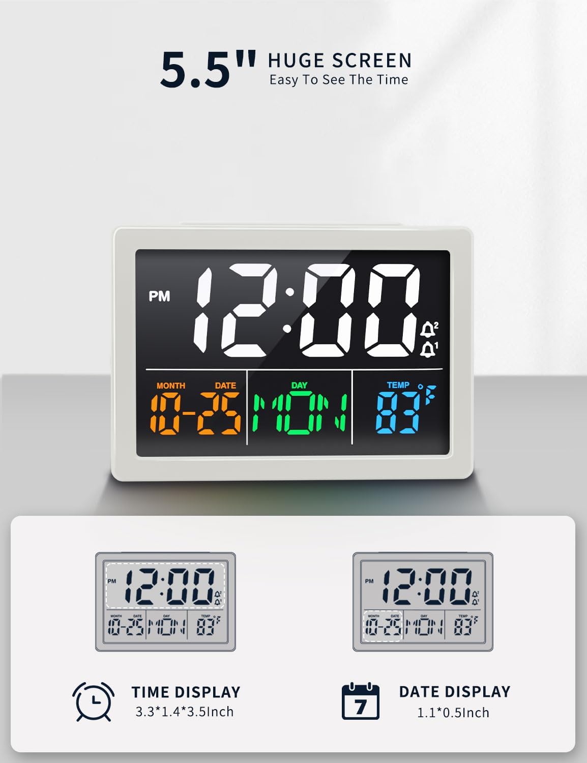 JALL Digital Clock with Date Day for Seniors, Electric Alarm Clocks for Bedrooms with Temperature, 2 Alarms, Dimmer, Dual USB Charger, Battery Backup