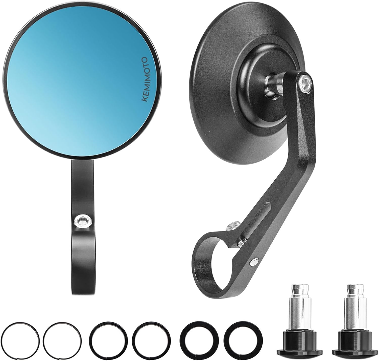 KEMIMOTO Motorcycle Bar End Mirrors, CNC Aluminum 7/8" Handlebar Rearview Mirrors with Blue Anti-Glare Lens, Universal Fit for Motorcycles, E-bikes