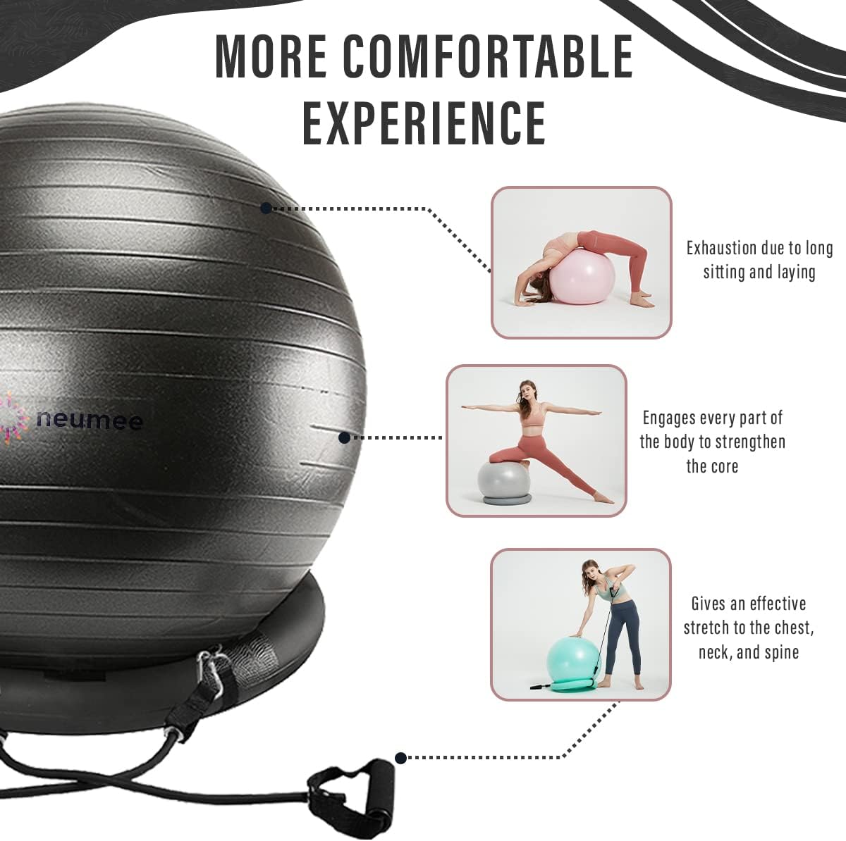 Yoga Ball Chair with 65cm Exercise Ball & 2 Resistance Bands, Stability Base for Home Office, Yoga, Pilates & Fitness, Balance Ball for Posture