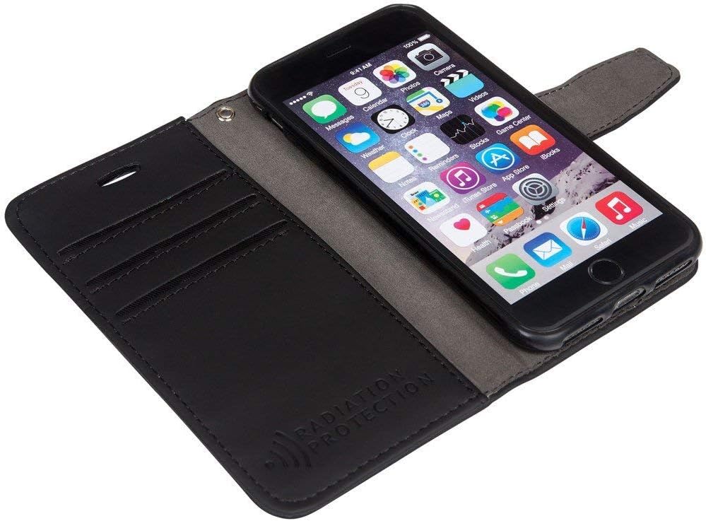 SafeSleeve EMF Blocking Wallet Case for iPhone 6/7/8, Black | EMF Blocker, Card Data Protection, Magnetic Closure, Leather Folio Protection for Daily Use