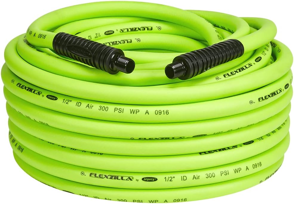 Flexzilla Air Hose, 3/8 in. x 50 ft., 3/8 in. MNPT Fittings, Heavy Duty, Lightweight, Hybrid, ZillaGreen - HFZ3850YW3