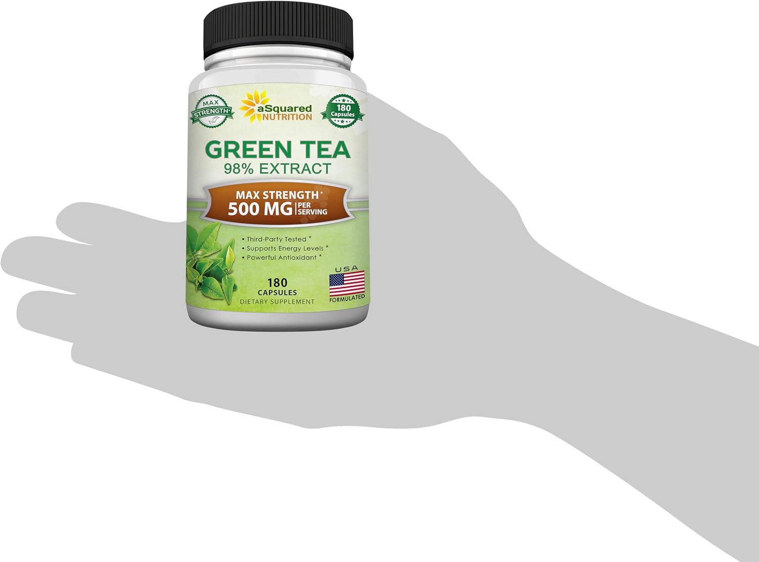 aSquared Nutrition Green Tea Extract with EGCG – 180 Capsules – 500mg per Capsule – 75% Polyphenols, 45% EGCG – Antioxidant Support